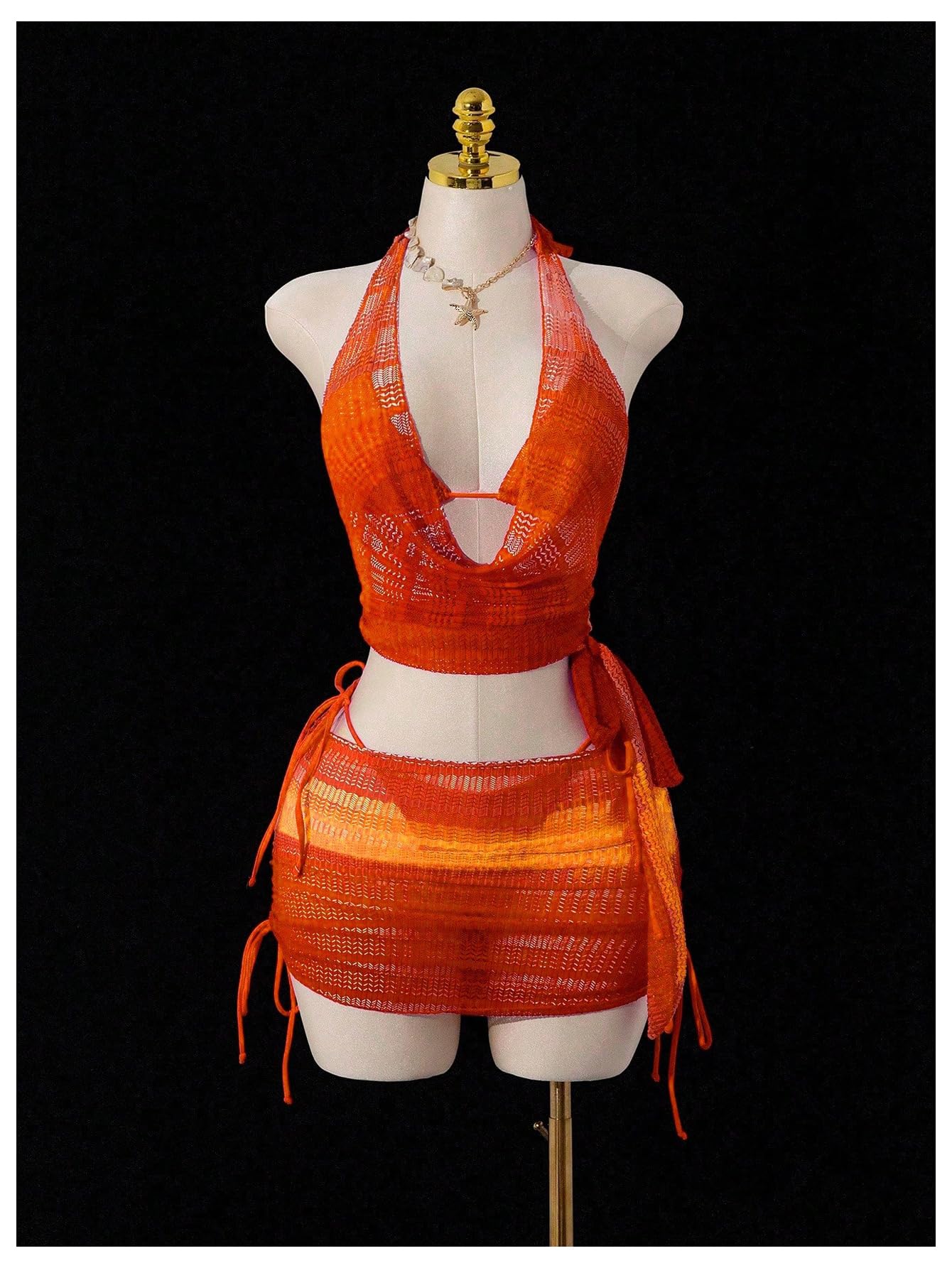 Women's 4 Piece Crochet Knit Swimsuits Triangle Halter Bikini Set with Cover Ups Swimwear