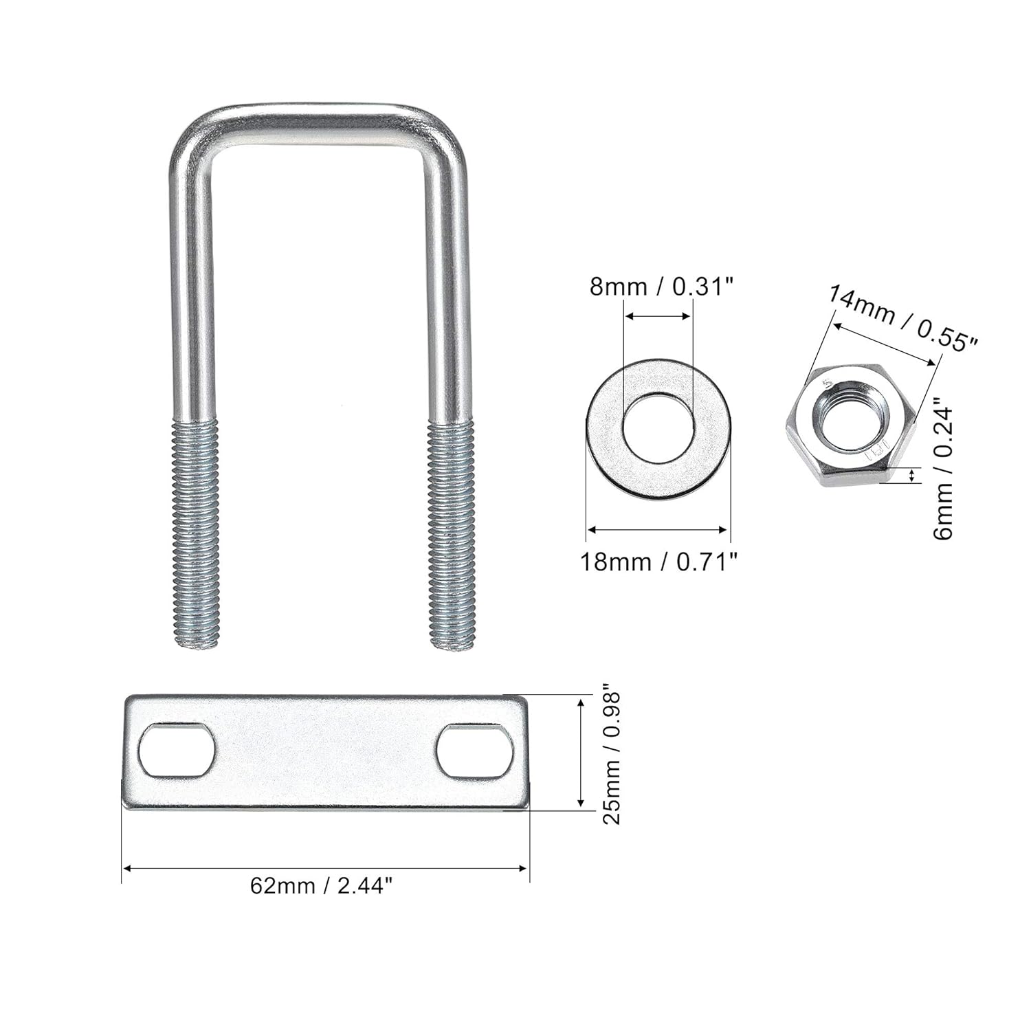 Square U-Bolts 1"(25mm) Inner Width 90mm Length Carbon Steel M8 with Nuts, Frame Plate, Round Washers