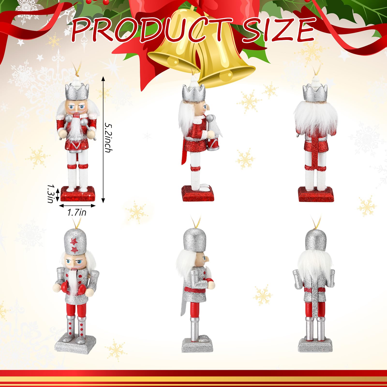 Jetec 10 Pcs Christmas Nutcracker Ornaments - 5 Inch Tall Wooden Hanging Decorations - Soldier Figures for Christmas (Glittery Candy Cane Style)