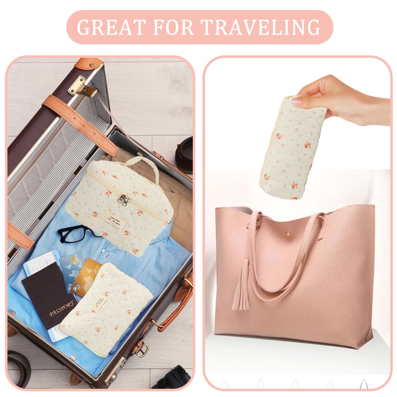 Yabound 3Pcs Coquette Makeup Bag, Portable Travel Toiletry Bag, Aesthetic Floral Make Up Bag Set - Image 4