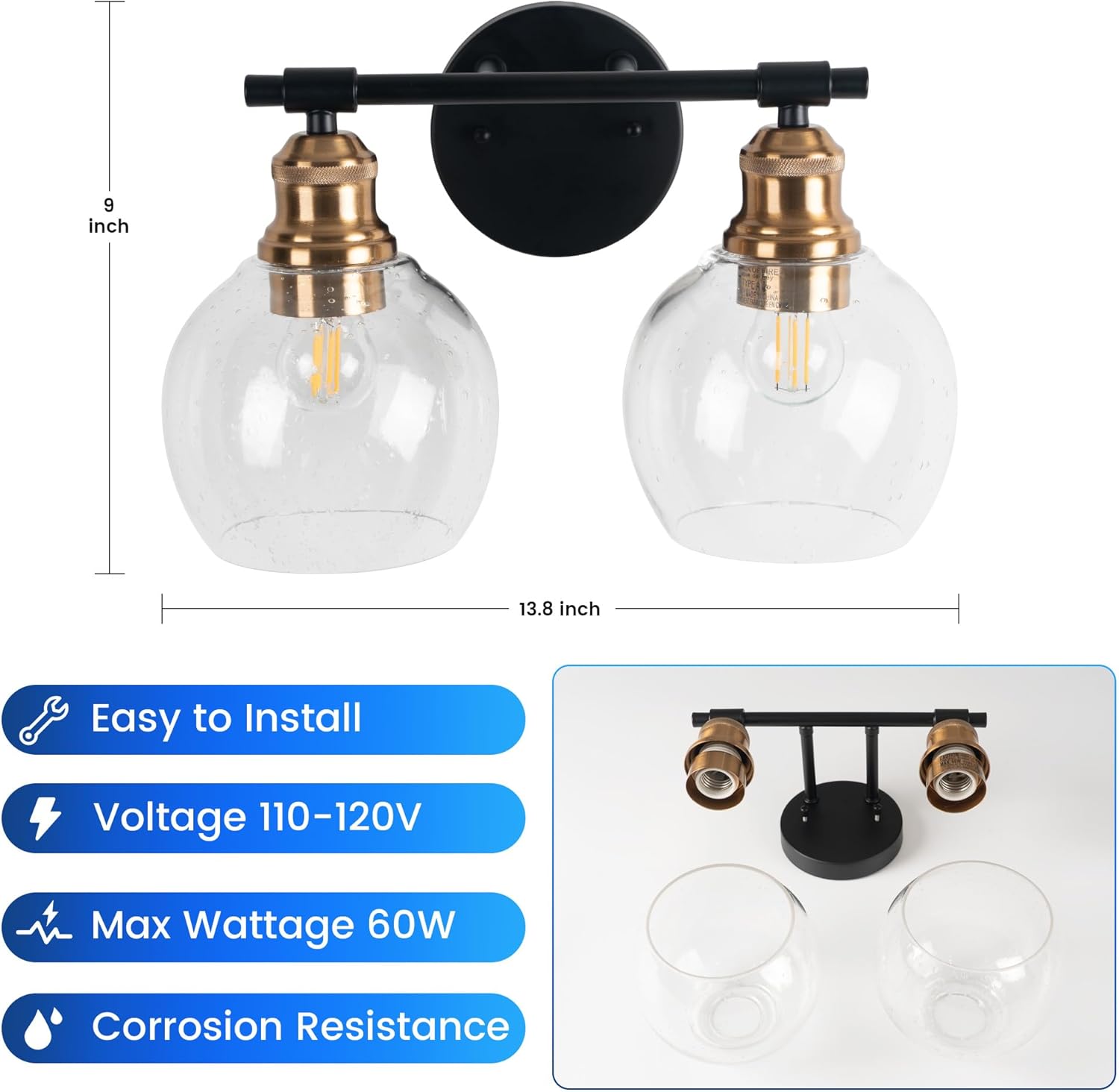 Bathroom Vanity Light Fixtures, 2-Light Bathroom Light Fixtures, Modern Bathroom Vanity Light Over Mirror with Seeded Glass Shade, Farmhouse Wall Sconces Lighting for Bedroom Hallway