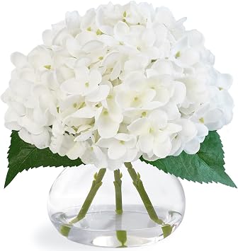 Hydrangea Artificial Flowers in Glass Vase, White Silk Fake Flowers Silk Centerpiece Table Decorations for Dining Room, Coffee Table Decor,Wedding, Home with Faux Water DecorWhite