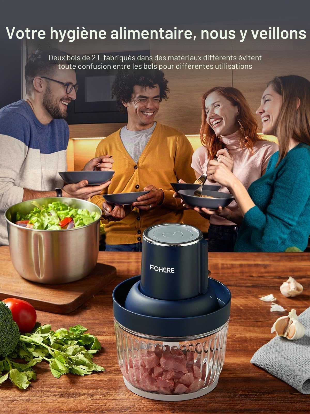 FOHERE Hachoir Électrique, 300W Hachoir à Viande Avec 2L