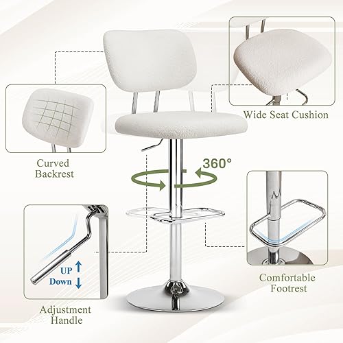 Miniatura 4 de Furniliving Juego de 2 taburetes de bar ajustables, modernos taburetes de bar giratorios de terciopelo de peluche con respaldo curvo, elegantes