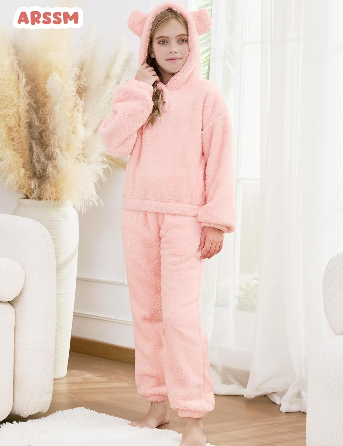 Arssm Girls Fuzzy Pants Set Bear Ear Fuzzy Hoodie Sweatshirt and Sweatpant Kids Clothing Sets - Image 4