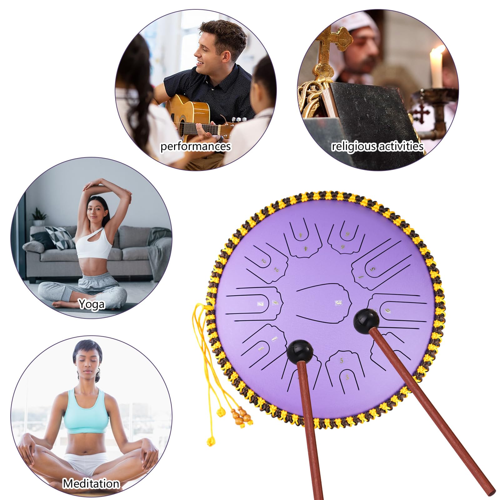 Dilwe Stalowy Bębenek, 21 Nut C, 15-calowy Instrument Muzyczny ze Stali Węglowej z Futerałem do Przenoszenia, do Medytacji, Jogi, Edukacji Muzycznej (PURPLE)