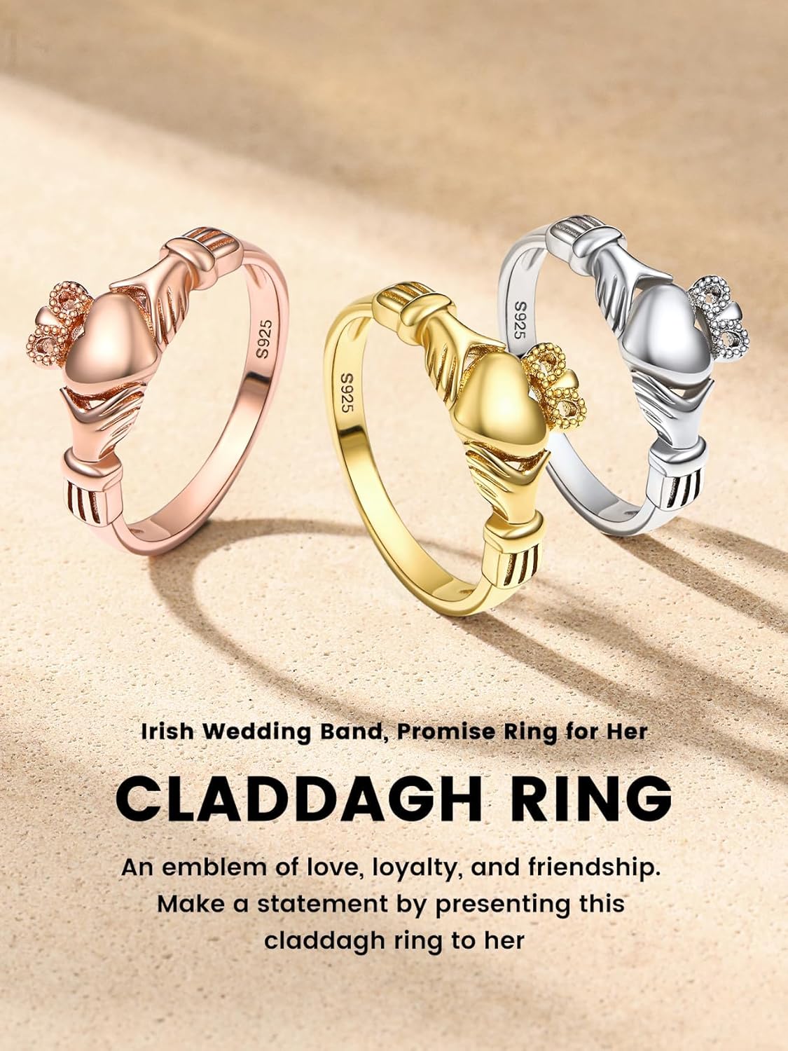 Bestyle 925 Sterling Silver Ring for Women, Minimalist Claddagh Ring Celtic Knot Ring for Women, Irish Promise Wedding Band, Gold/Rose Gold Vermeil Women Band Ring, Stackable, Gift for Her - Image 7