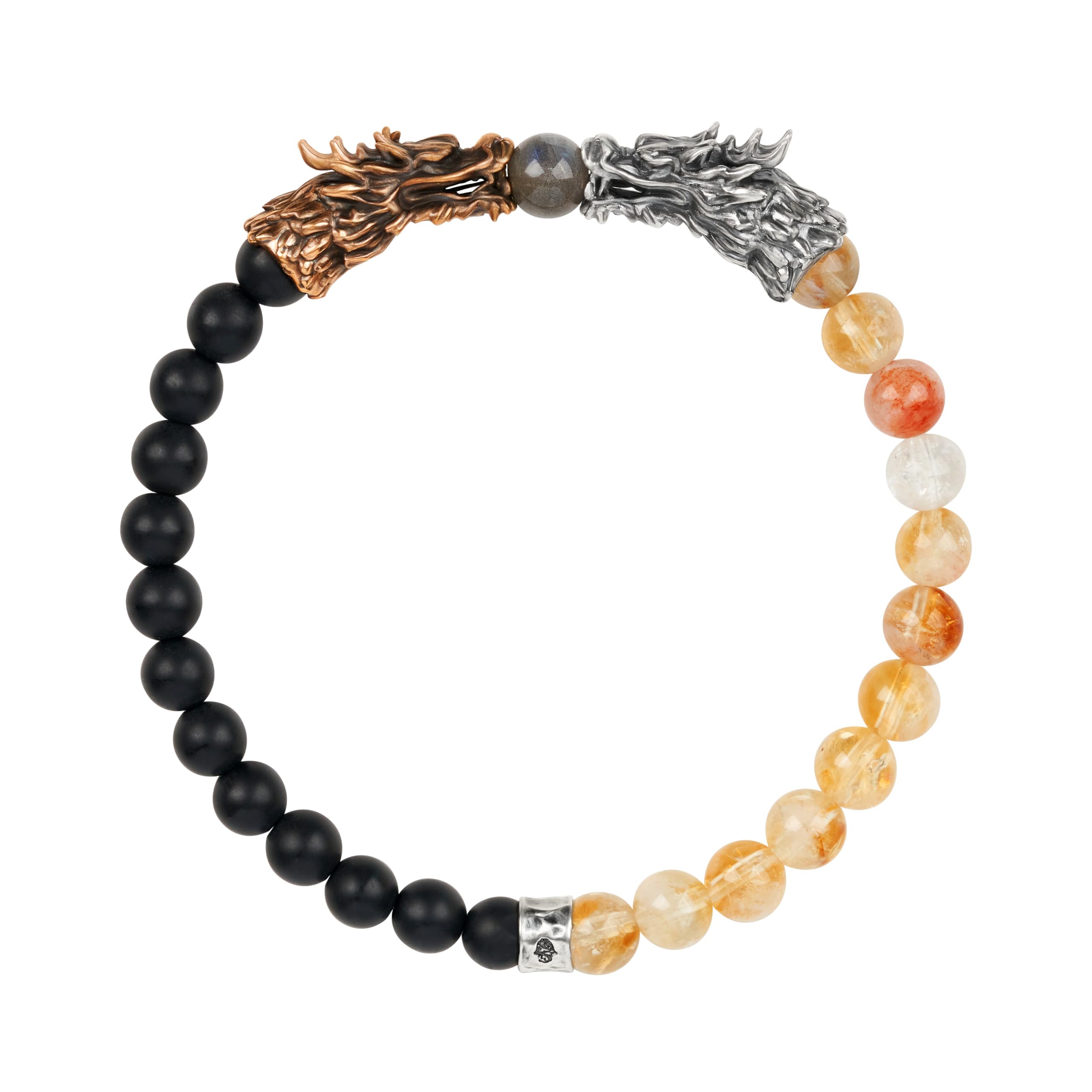 KARMA AND LUCKSupreme Being - Multi Stone 925 Oxidized Sterling Silver, Antique Bronze Bracelet with Dragon head charm,Citrine, Onxy and Labradorite, onyx stones