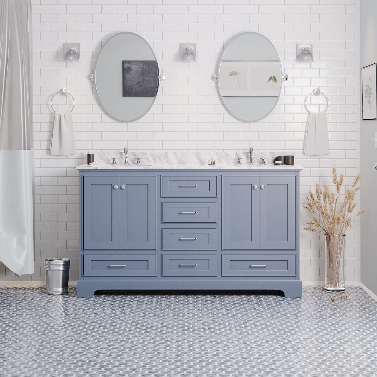 Kitchen Bath Collection Harper 60-inch Double Bathroom Vanity (Carrara/Sage Green): Includes Sage Green Cabinet with Authentic Italian Carrara Marble Countertop and White Ceramic Sinks
