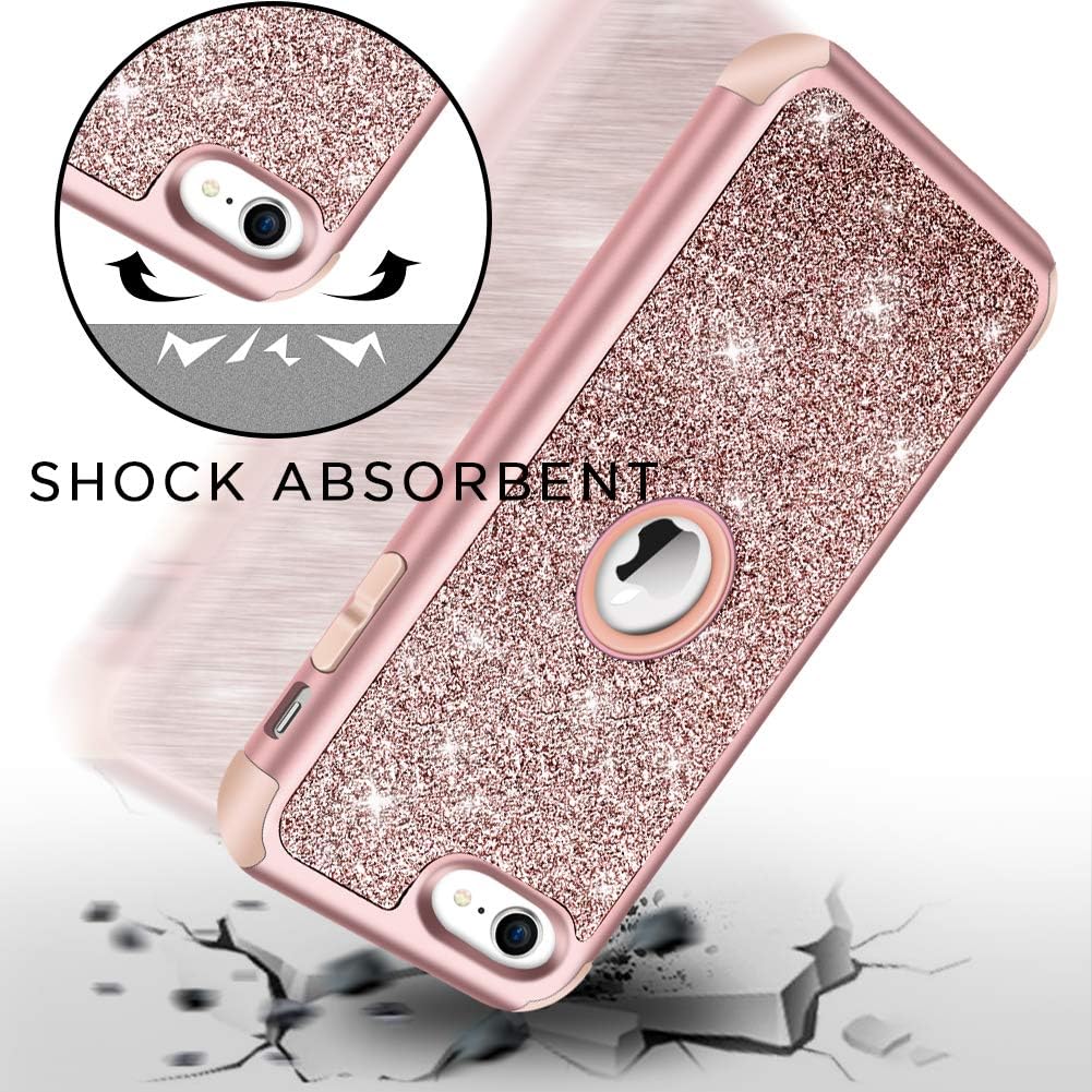Hython Compatible with iPhone SE 2020 Case, Heavy Duty Full-body Defender Protective Case Bling Glitter Sparkle Hard Shell Armor Hybrid Shockproof Rubber Bumper Cover for iPhone SE 2nd 4.7", Rose Gold
