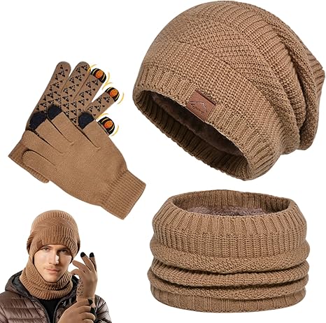 Niwicee Gebreide Muts en Sjaal Set 5 Stuks Winter Warme Fleece Gevoerde Muts, Sjaal, Touchscreen Handschoenen, Oorwarmers en Thermische Sokken Voor Buitensporten, Roze, One Size
