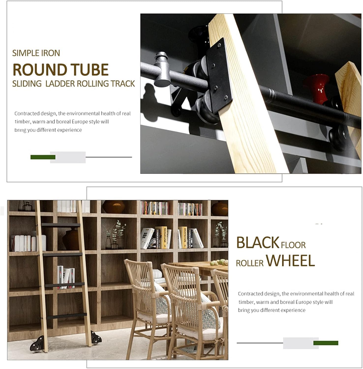 Rolling Ladder Hardware Library Sliding Ladder Hardware Kit, Floor Wheels with Brakes, Black Carbon Steel Track/Rail(Without Ladder)(Size:500cm(16.4 ft) Track kit)