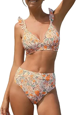 CUPSHE Women Bikini Sets 2 Piece Swimsuit High Waisted Bottom Floral Print Ruffle V Neck Bathing Suits