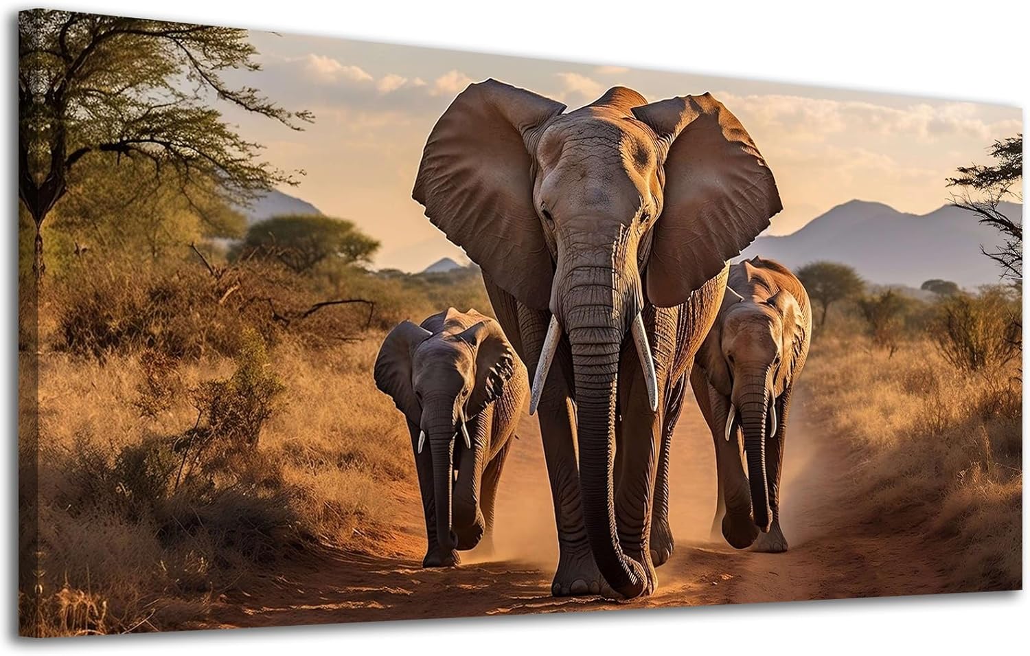 Savanna Wildlife Canvas Prints Wall Art Elephant Family 58"x28", African Safari Majestic Herd Artwork Earthy Tones Prints Nature Scene Pictures Framed Wall Decor for Living Room Office Home