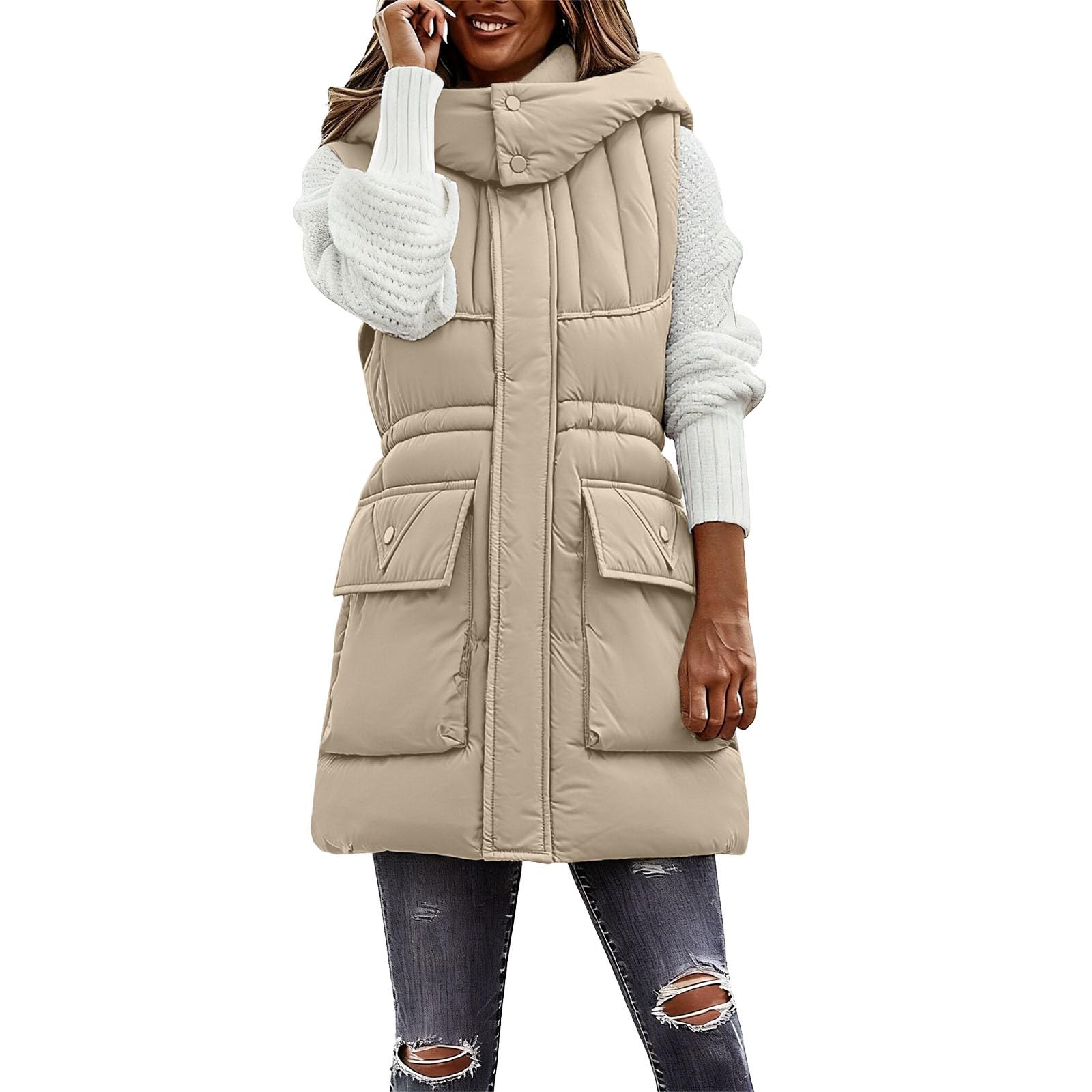 Chaqueta Mujer Abrigo Entretiempo Invierno Cazadora Plumiferos，Acolchado Largo Térmico para Mujer con Capucha y Ajuste de Cordón Abrigo Aislante Casual
