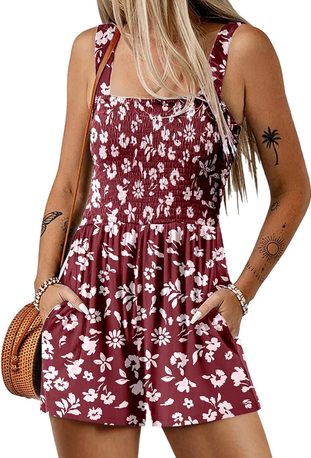 Dokotoo Women's Summer Casual Smocked Rompers Square Neck Sleeveless Loose Shorts Jumpsuits 2025 Beach Vacation Outfits