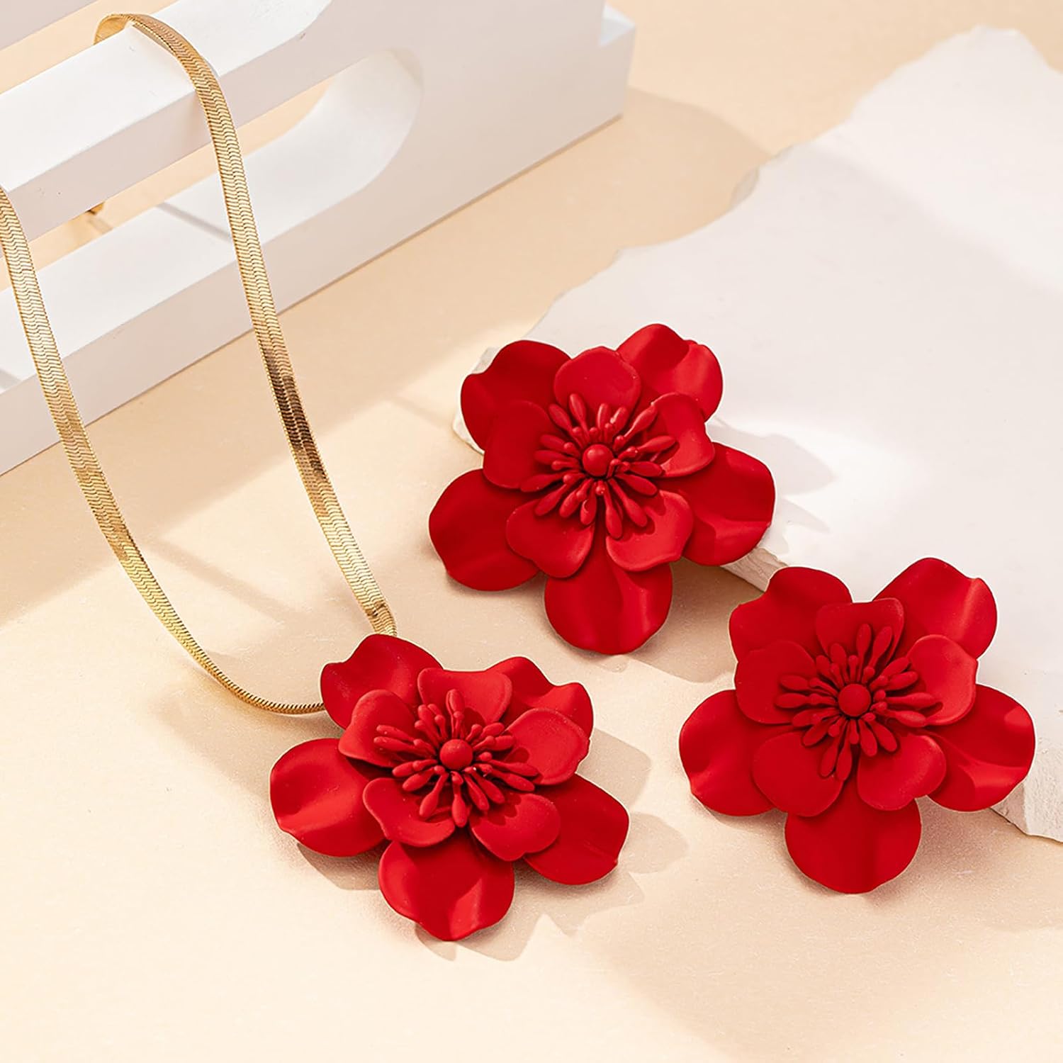 Red Flower Necklace Earrings Set for Women Vintage Floral Statement Earrings Boho Large Flower Snake Chains Necklace Wedding Beach Jewelry Set Gifts - Image 5