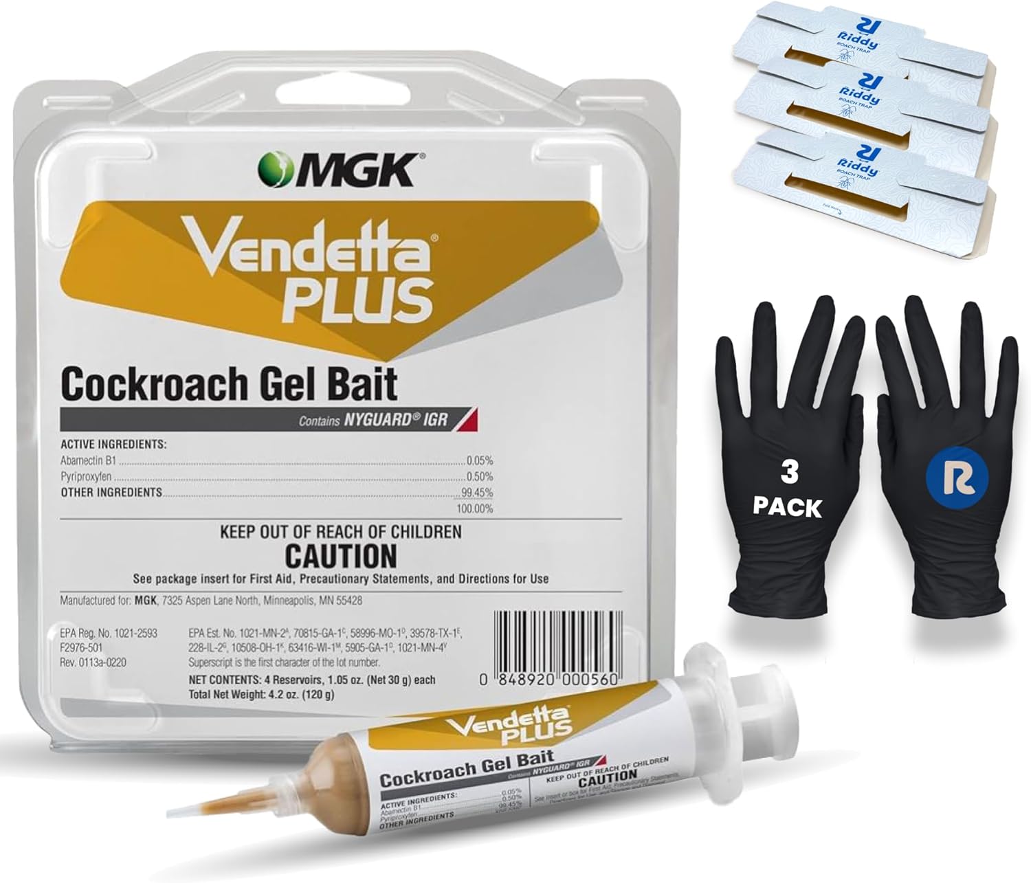 Vendetta Plus Cockroach Gel Bait, 3-Pack Riddy Cockroach Traps, 3-Pack Riddy Gloves, Complete Indoor Solution for Targeted Elimination