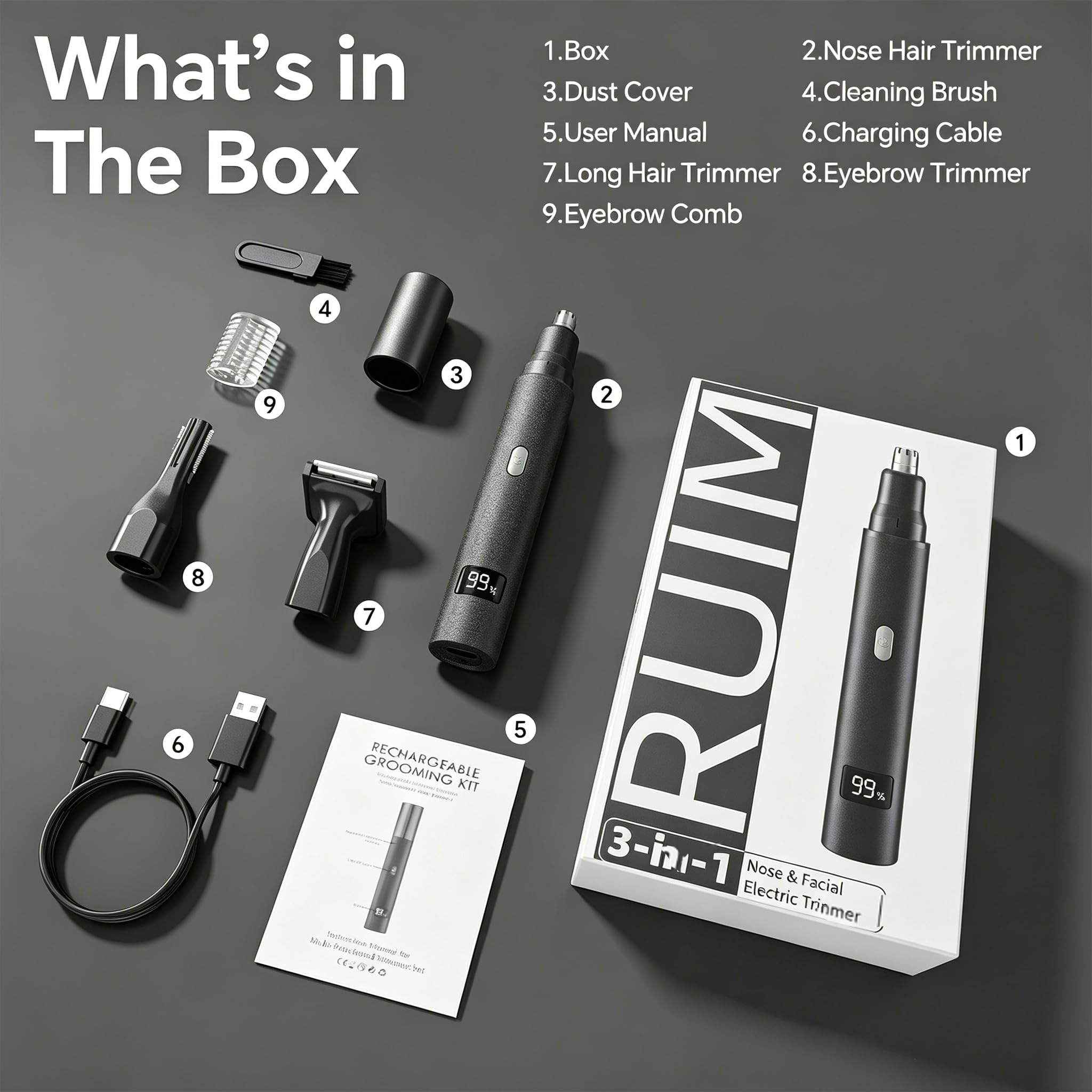 RUIM 3-in-1 Nasenhaarschneider für Männer & Frauen, schmerzloser Augenbrauen-Ohr-Gesichtspflege, USB-C Schnellladung Wasserdicht mit LED-Anzeige, Duschsicheres Reise-Kit Geschenk für Papa Weihnachten