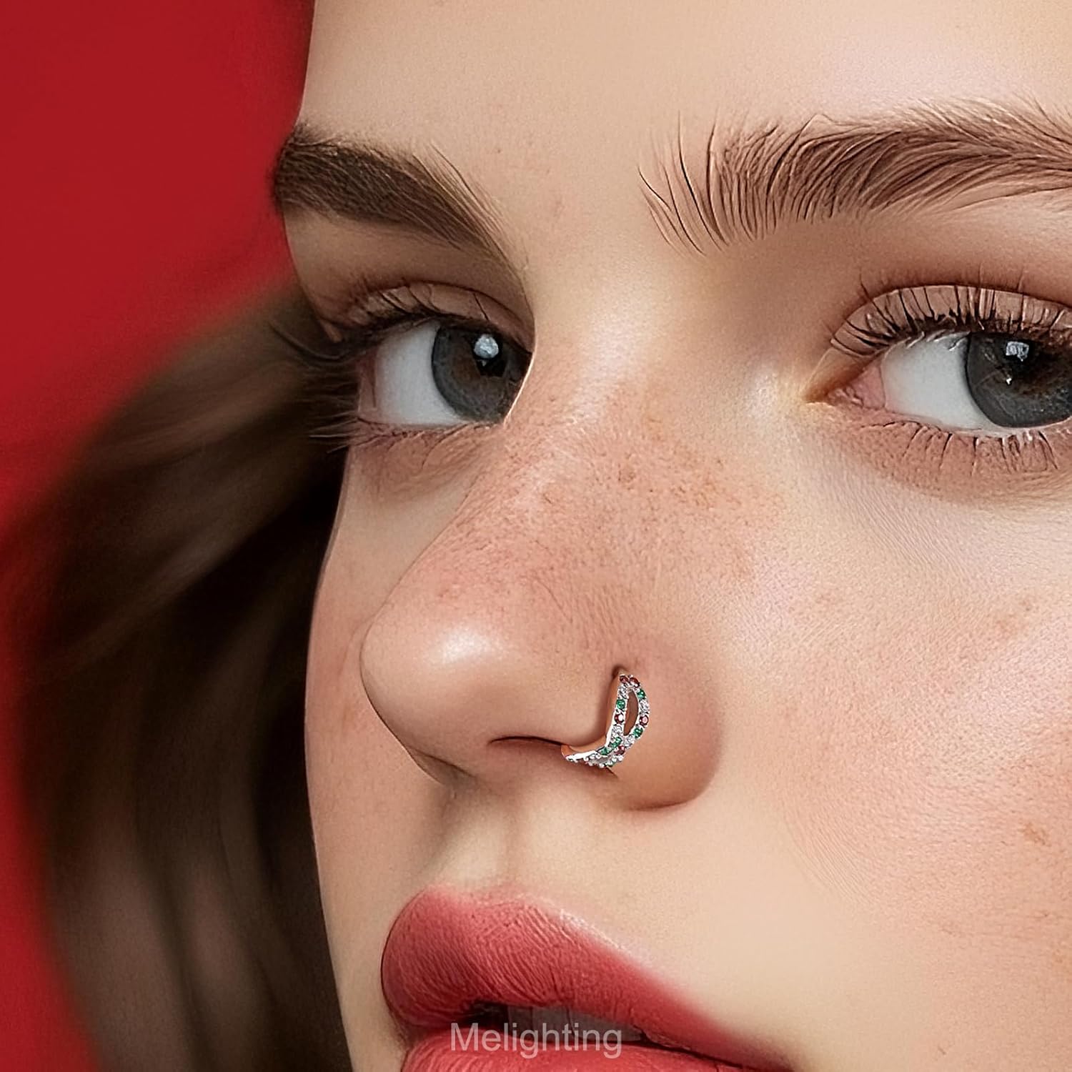 Melighting 20G Double Nose Ring Hoop, Christmas Element Hinged Segment Earring, 316L Surgical Steel Helix Cartilage Conch Lobe Ring, Colorful CZ Body Piercing Jewelry for Women 6/8 mm - Image 2