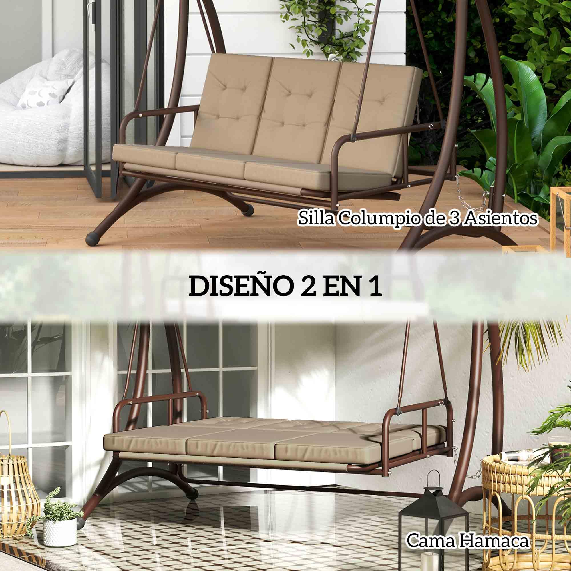 Outsunny Columpio de Jardín Exterior de 3 Plazas Balancín de Jardín Exterior Convertible en Cama con Toldo Ajustable Protección UPF30+ y Cojines Carga 330 kg 200x120x175 cm Caqui