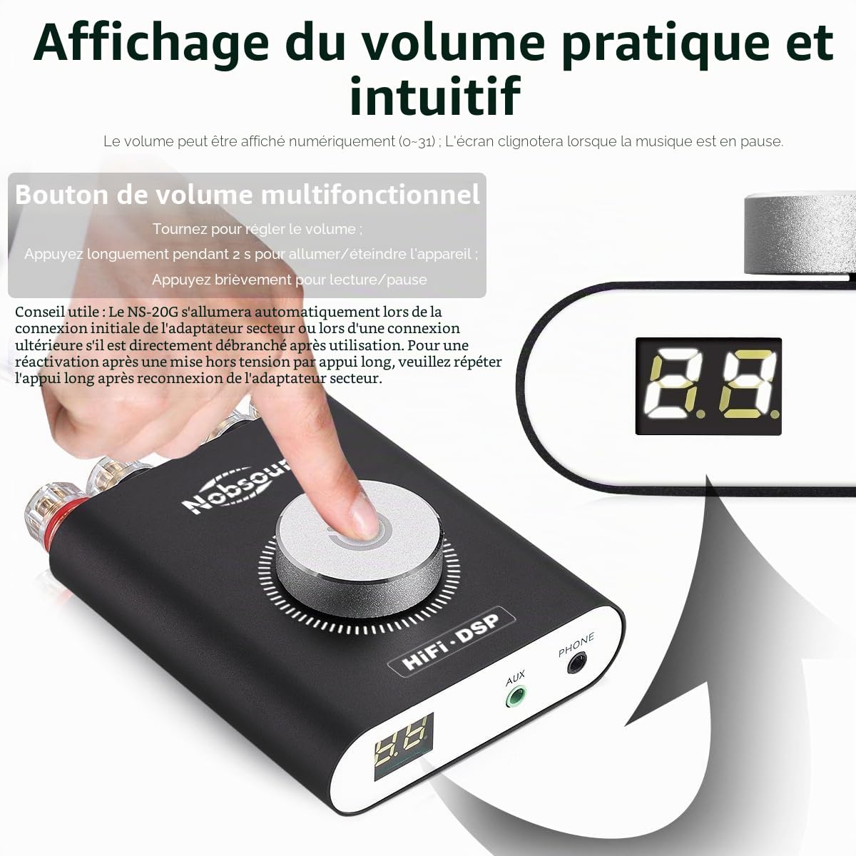 Nobsound NS-20G Amplificateur Audio 200W Mini Amplificateur de Puissance Numérique Bluetooth 5.0 pour Stéréo HiFi