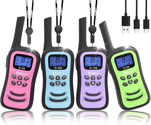 QNIGLO Walkie Talkies para niños, walkie talkies recargables, VOX, radios de 2 vías con linterna LED, juguetes perfectos para acampar al aire libre