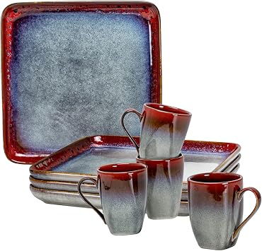 HENXFEN LEAD 11 Inch Large Dinner Plates and 10 Oz Coffee Mugs Set - 8 Piece Stoneware Dishware Set - Red Solid Color - Dishwasher, Microwave, Oven & Refrigerator Safe