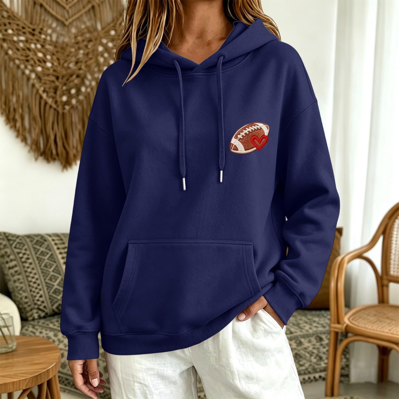 Generisch Pull à capuche à motif losanges pour femme avec broderie - Sweat à capuche décontracté à manches longues pour fans de football