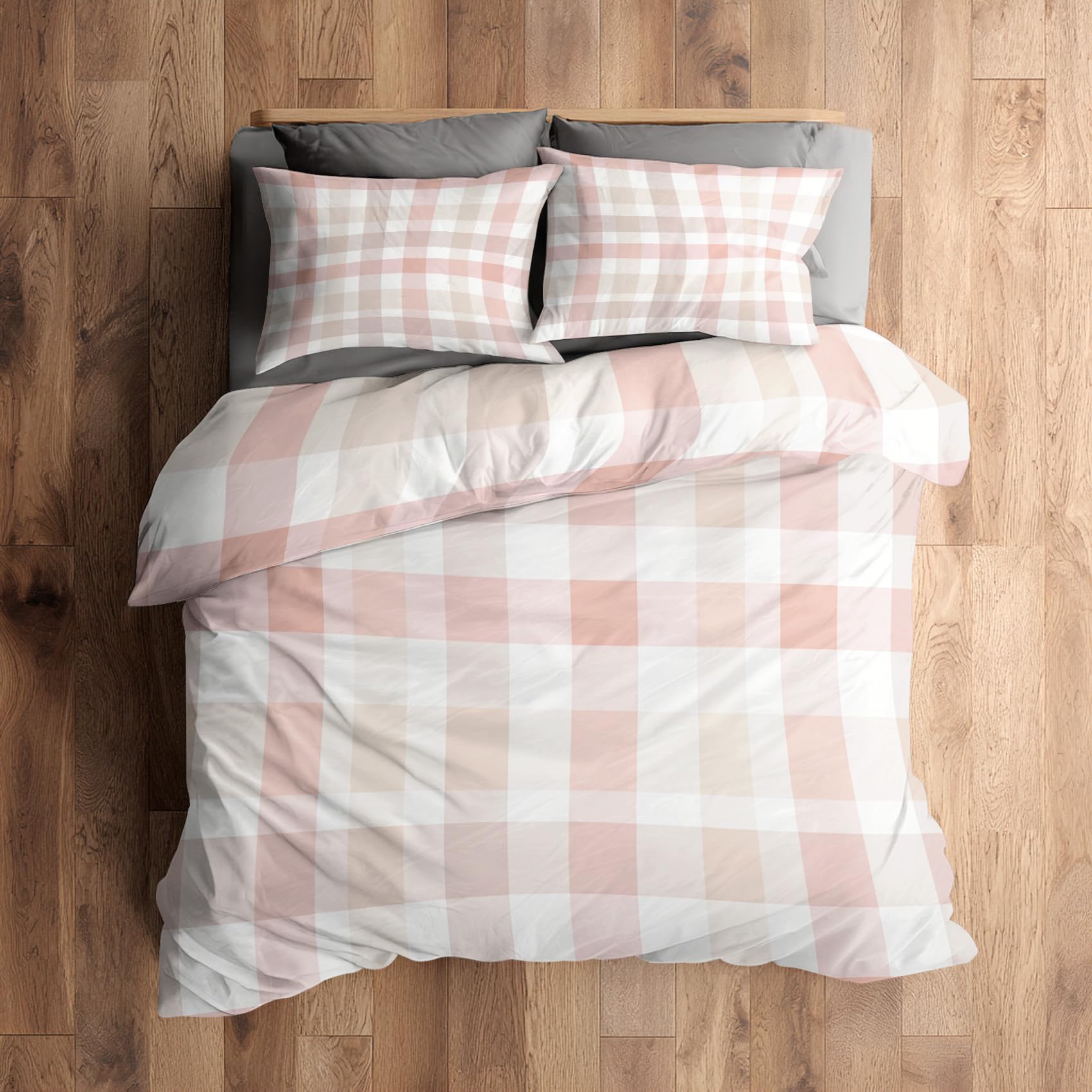 Housse de couette 2 personnes 220x240 carreaux rose avec taies 65x65