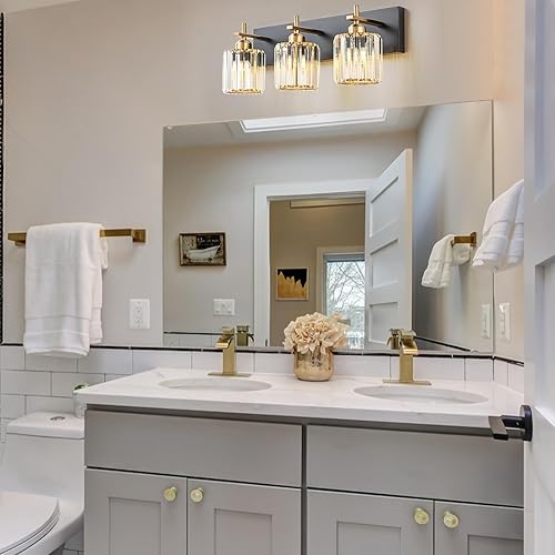 Miniatura 6 de Modernas luces de cristal para tocador de baño, 3 luces de baño de oro negro sobre el espejo, lámpara de tocador de cristal con acabado dorado