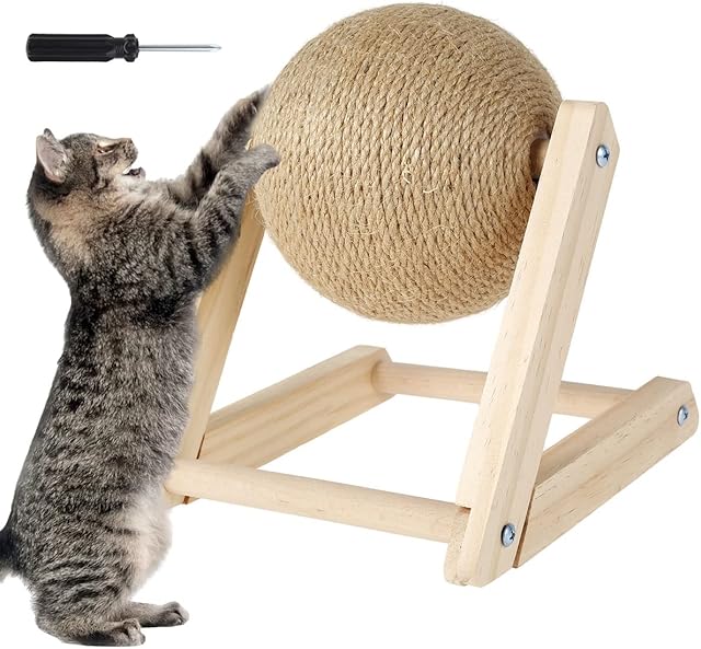 You's Auto Cat Scratching Ball Natural Sisal Cat Scratcher Toy with Catnip Interactive Solid Wood Scratcher Ball 7x7x6.3 Inch Cat Scratch Post