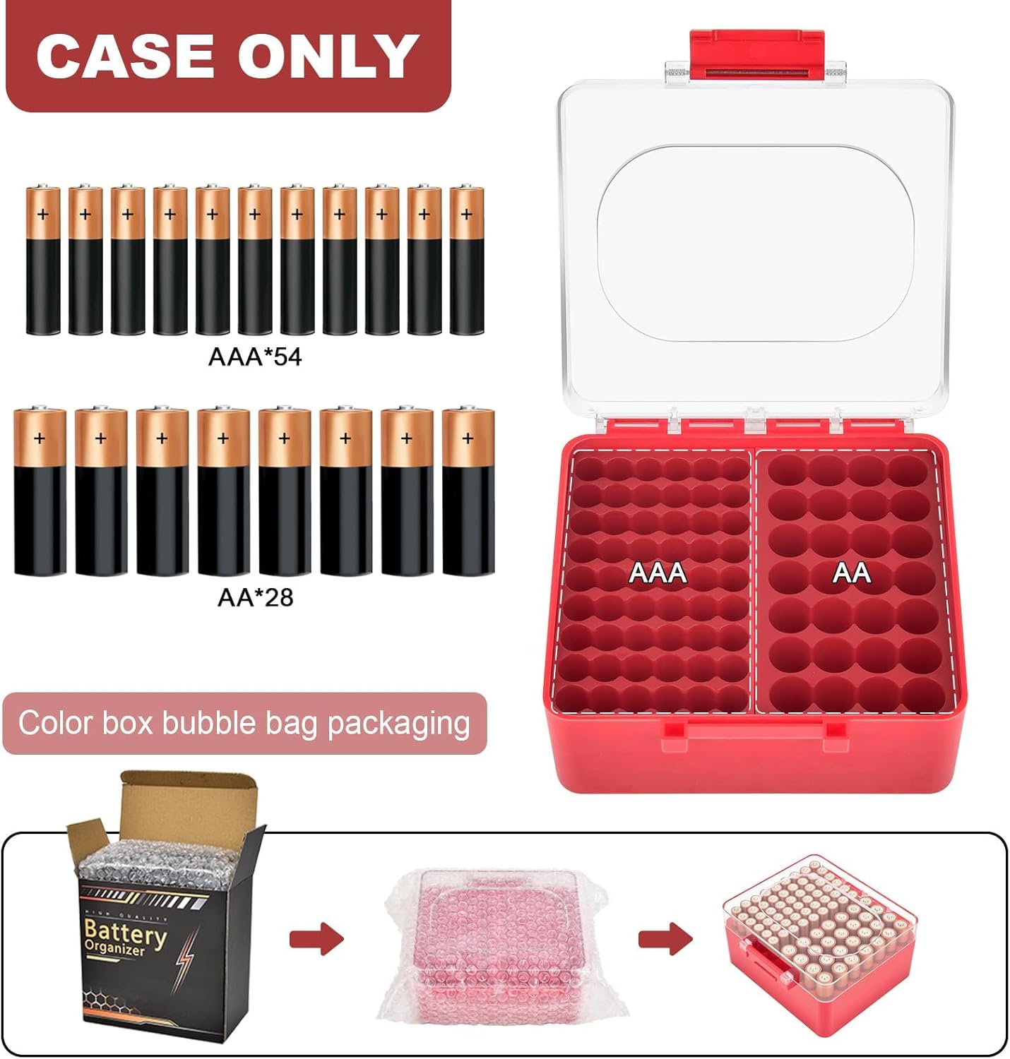 FULLCASE Plastic Battery Organizer with Tester, Battery Storage Case for AA AAA C D 9V Batteries, Portable Battery Holder Box for Home, Travel & Emergency Kits(Case Only) Black 28+ AA AAA C D 9V with Tester Black