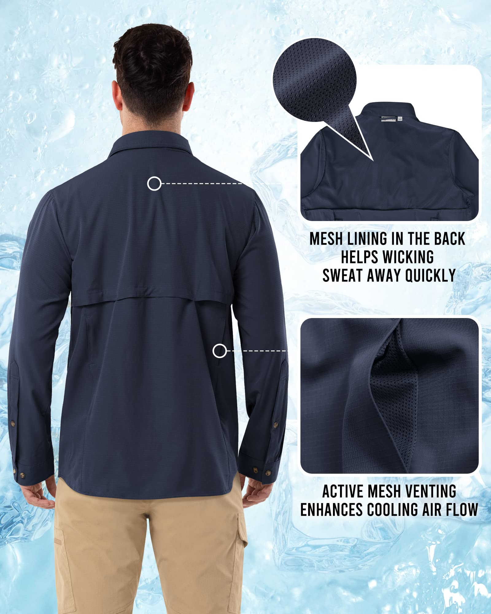 Camicia da uomo a maniche lunghe, da uomo, ad asciugatura rapida, leggera, funzionale, traspirante, 50+, protezione UV con tasche, per pesca, corsa, escursionismo, campeggio