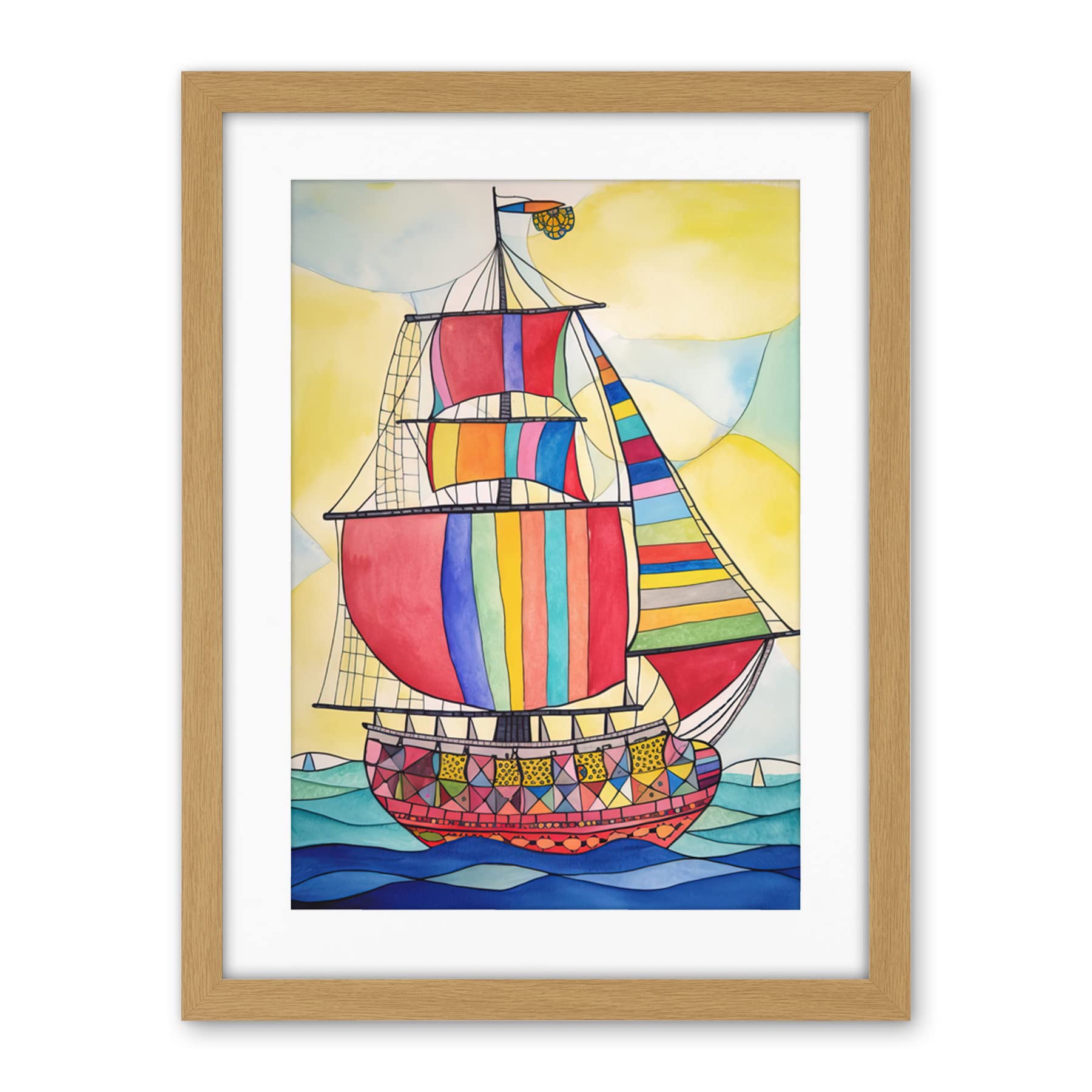 Artery8 Rainbow Colour Sailing Ship Folk Art Artwork Framed Wall Art Print 18X24 Inch