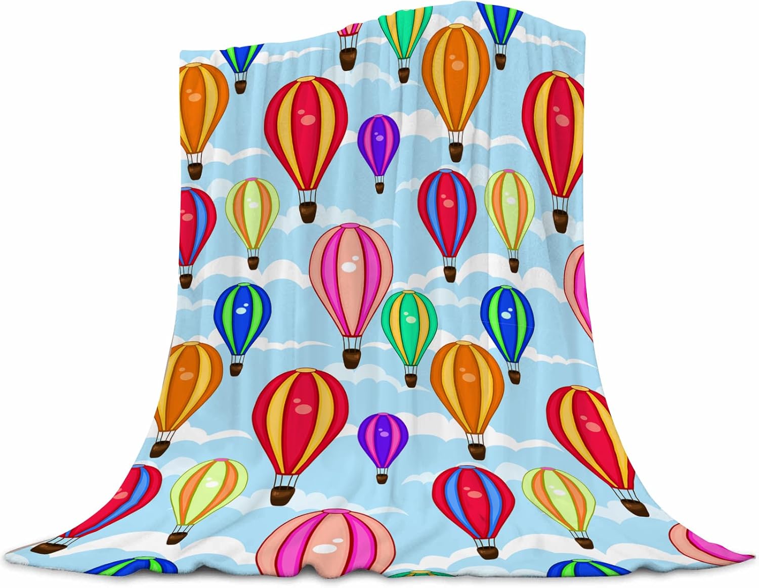 Cartoon Hot Air Balloon Kids Blanket 40x50 Inches - Plush Flannel Throw Blankets for Boys & Girls - Playful Cloud & Balloon Print - Lightweight Travel Blanket for Car Bed & Sofa