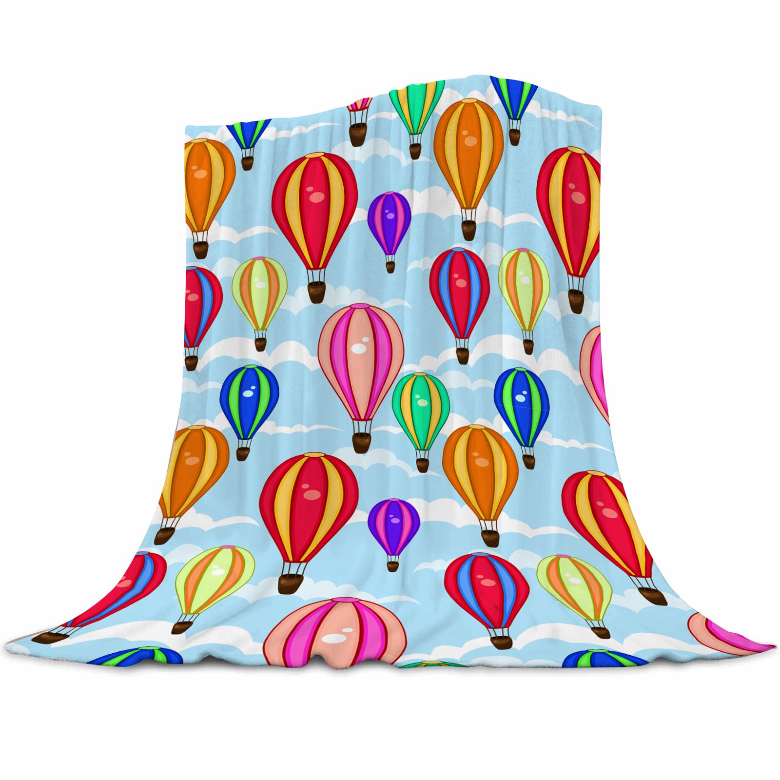 Cartoon Hot Air Balloon Blanket 60"x80" - Ultra Soft Flannel Throw for Adults &amp; Kids - Playful Cloud &amp; Balloon Print - Lightweight Plush Blanket for Bed, Sofa &amp; Home Decorations