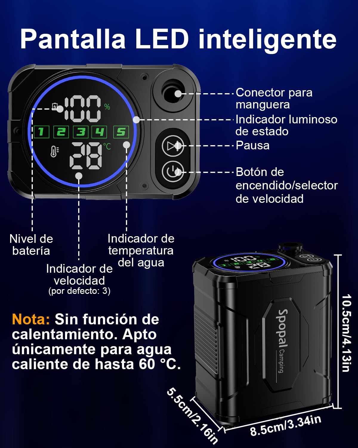 Ducha Camping Portatil, [13000mAh Batería][Pantalla Led] Spopal Ducha Electrica Recargable, 240 Minutos de Autonomía, IPX8 Impermeable, 5 Velocidades, Para Viajes Aire Libre, Acampar, Limpiar Mascotas