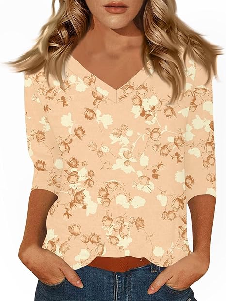 HTHLVMD Womens 3/4 Length Sleeve Tunic Tops Summer Fall Outfits 2025 Three Quarter Sleeve Casual V Neck T Shirts for Women