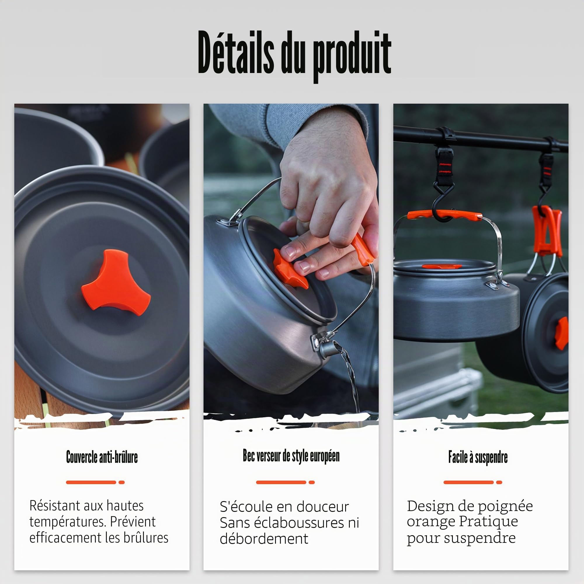 10pcs Kit de Casseroles Camping, Batterie de Cuisine Extérieure avec Casseroles, Bouilloire, Casseroles et Spatule pour Camping, Randonnée, BBQ