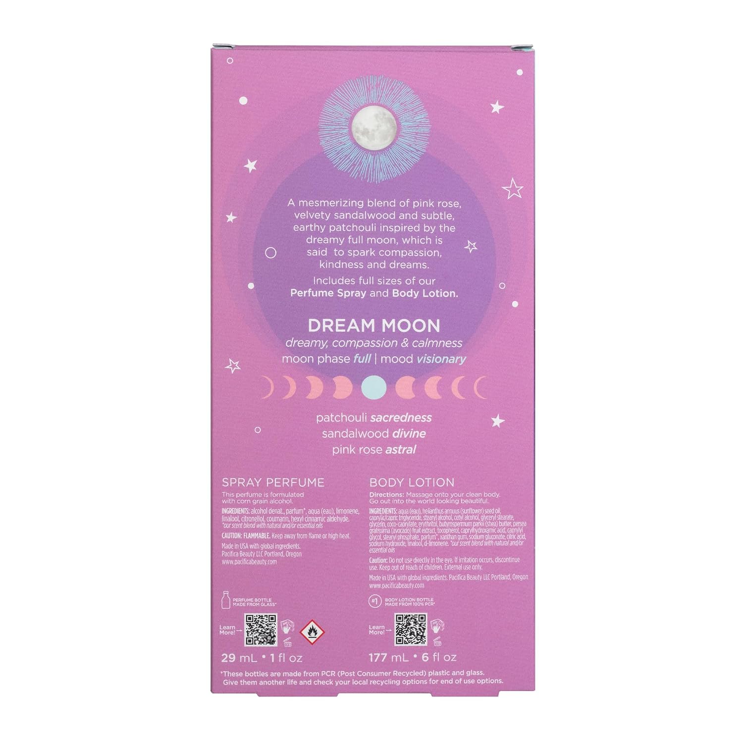 Pacifica Beauty | Dream Moon Spray Perfume, Hand + Body Lotion | Natural + Essential Oils | Pink Rose, Sandalwood, Patchouli Notes | Shea Butter Moisturizer | Vegan + Cruelty Free