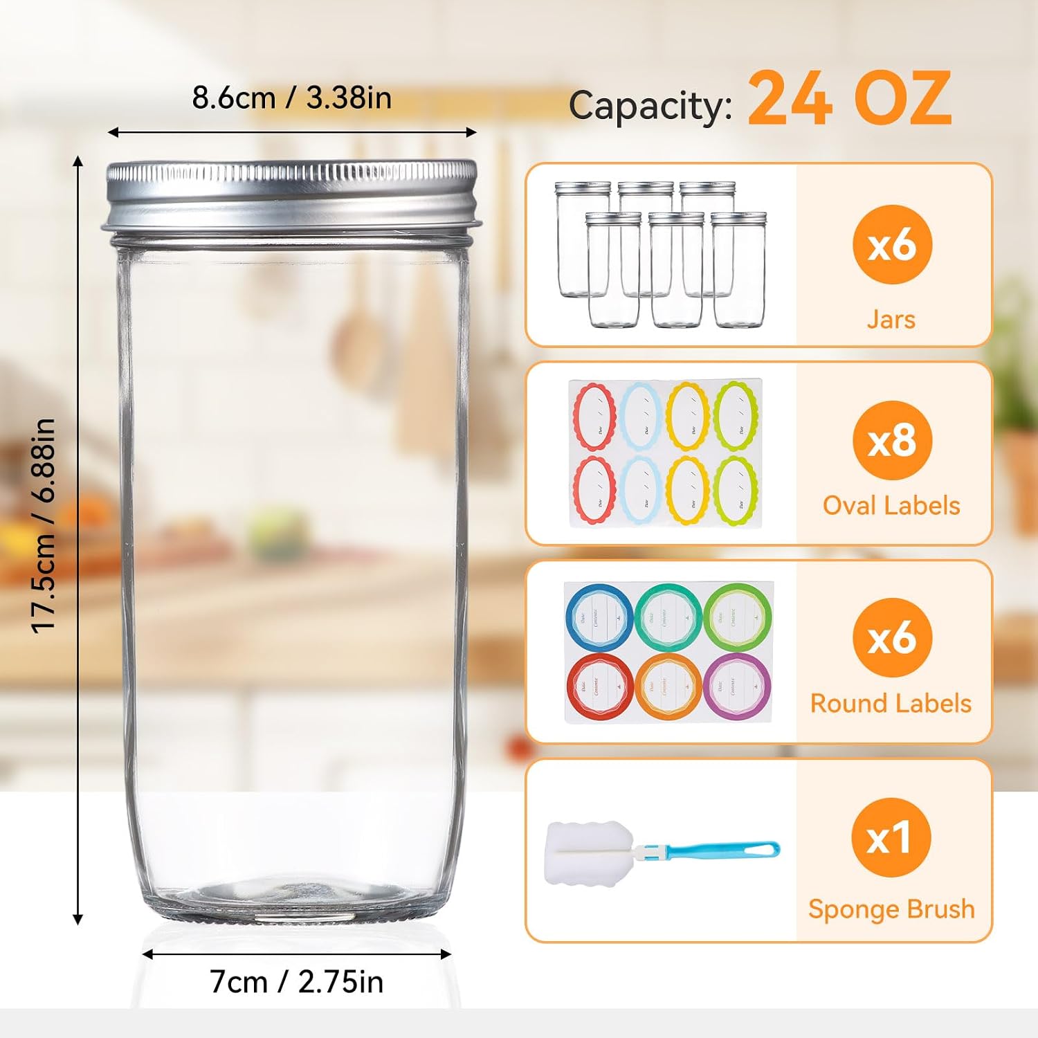 Wide Mouth Mason Jars 24 oz, 6 Pack Glass Canning Jars with Airtight Lids, Large Mason Jars with Labels Brush, Round Glass Containers with Lids, Glas Storage for Canning, Fermenting, Pickling, DIY