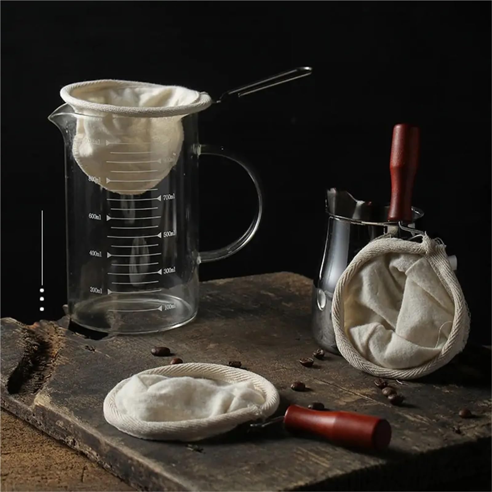 Filtro de café tela 4 piezas Bolsa filtro reutilizable Colador franela Calcetín repuesto Mango acero inoxidable Malla fina