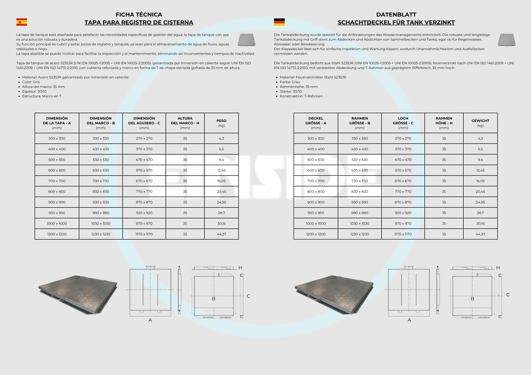 EINSIDE Deckel Tank, Schachtdeckel für Tank verzinkt, Schachtabdeckung 100 x 100 cm