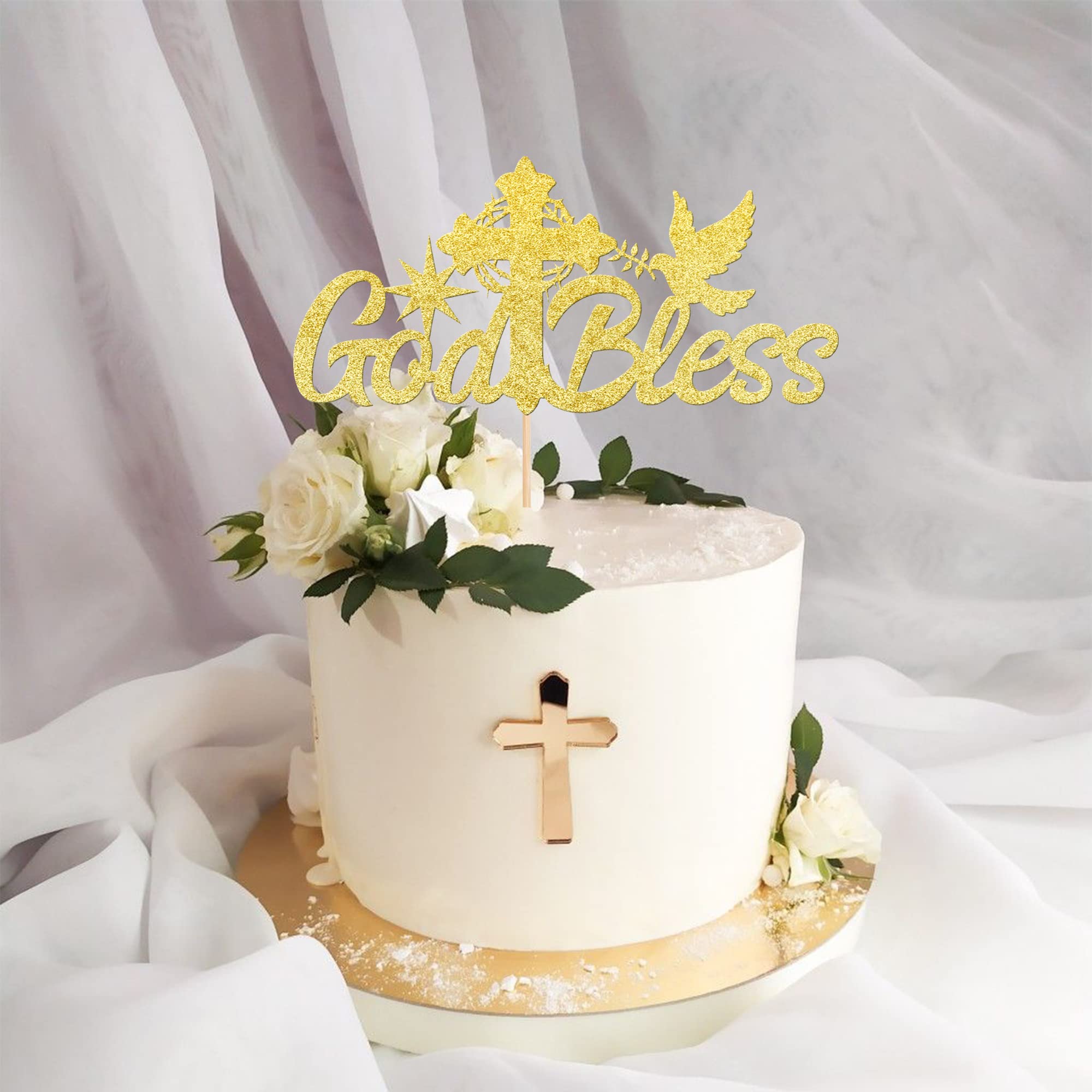 Religious Dove Cake Topper - First Communion & Baptism Party Decorations, Gold Glitter - View #12