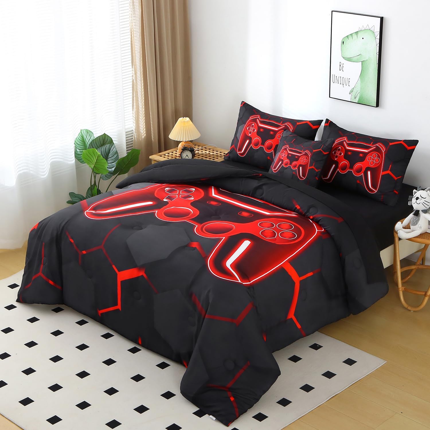 6 Pieces Kids Gaming Bedding Set Black and Red Twin Comforter Set for Boys 3D Video Game Teen Boy Bed in A Bag Honeycomb Gamer Comforter and Sheet Set (Black Red, Twin) - Image 2