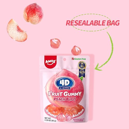 Miniatura 5 de Amos 4D Fruit Gummy Peach Burst, bocadillos de frutas sin gluten, regalos de dulces para el día de la madre, bolsa resellable de 2.29 onzas (paquete