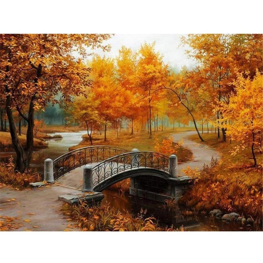 Peinture diamant 5D kit complet grand format 80x100 broderie strass paysage pont d'automne