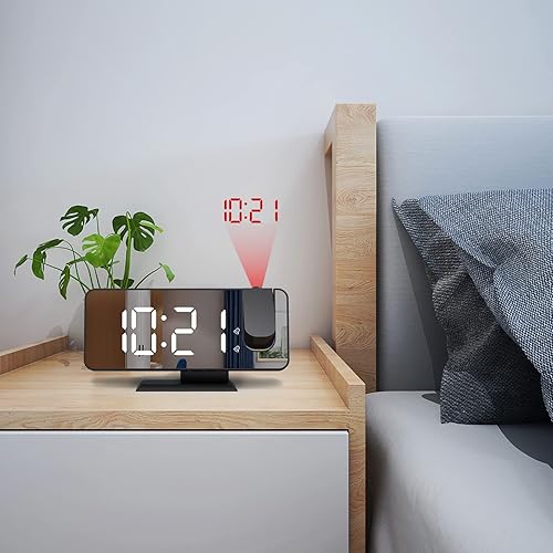 Miniatura 8 de Reloj despertador de proyección para dormitorio, reloj despertador digital con cargador USB, pantalla de espejo LED grande de 7.4 pulgadas, radio