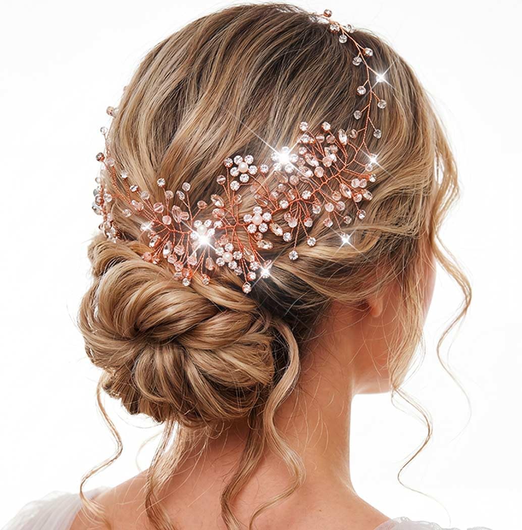 Catery Rhinestone Headpiece Rose Gold Pearl Hair Vine Wedding Hair Accessories for Brides and Women